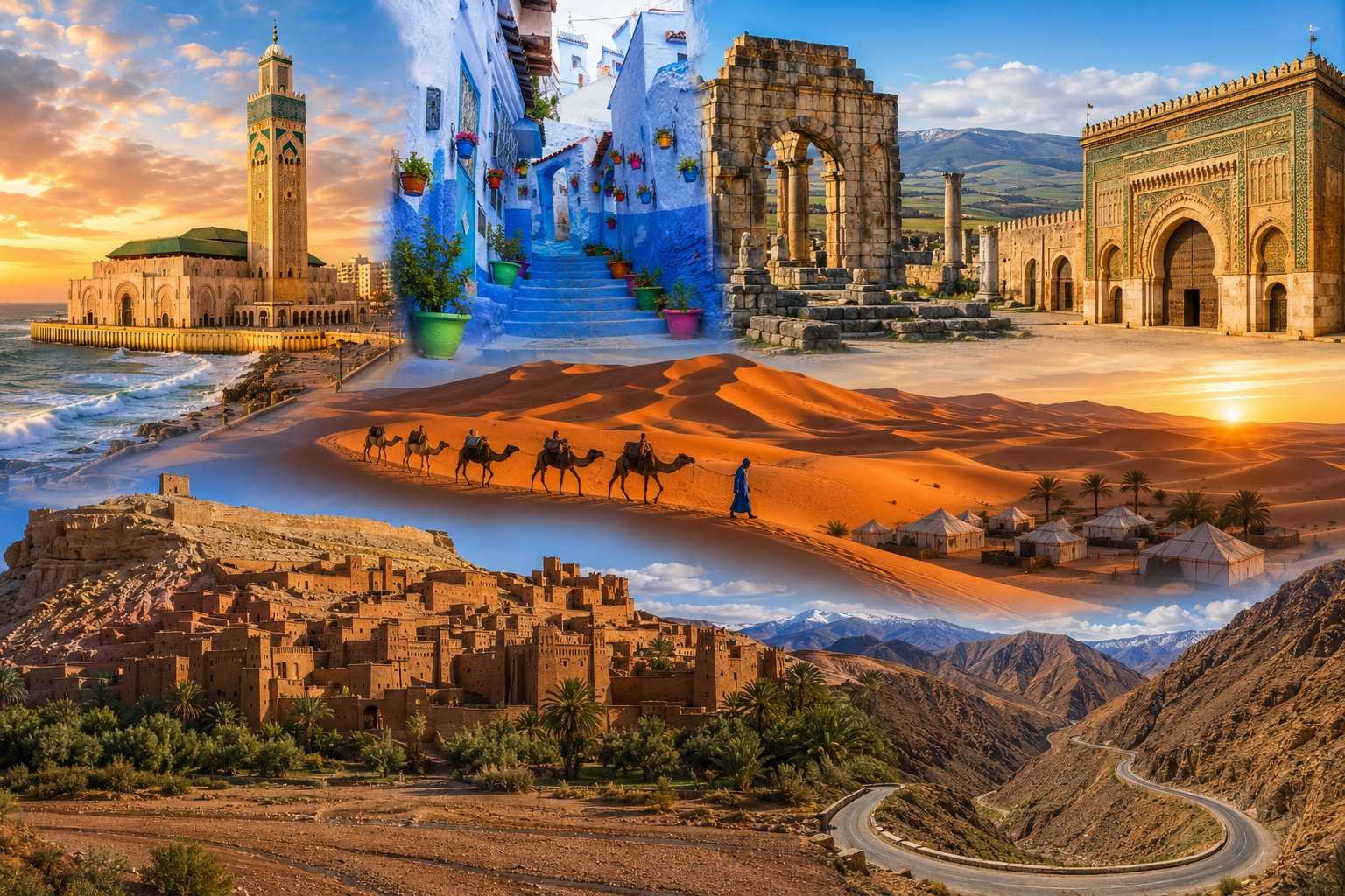 Discover an 8 Days Imperial Cities and Desert Tour From Casablanca with Rabat, Chefchaouen, Fes, Merzouga, camel trekking, Ait Ben Haddou and Marrakech.